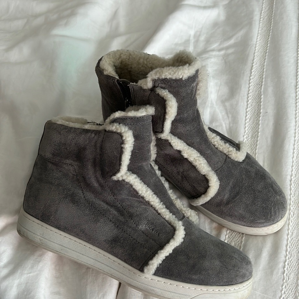 Prada Women's Shearling/Suede Sneakers With Hidden Elevated Heel Area